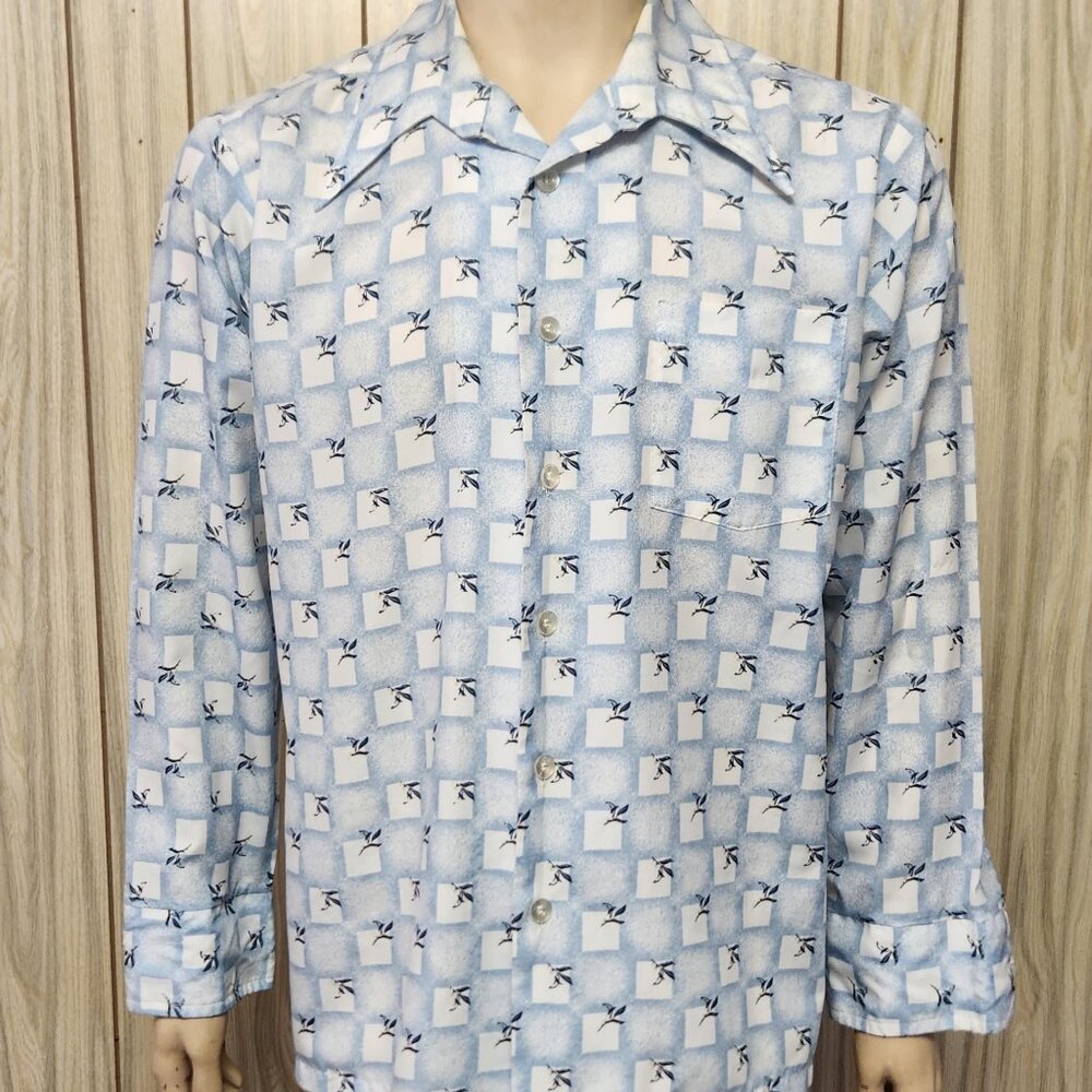 men's disco shirt L vintage 1970s nylon blue white